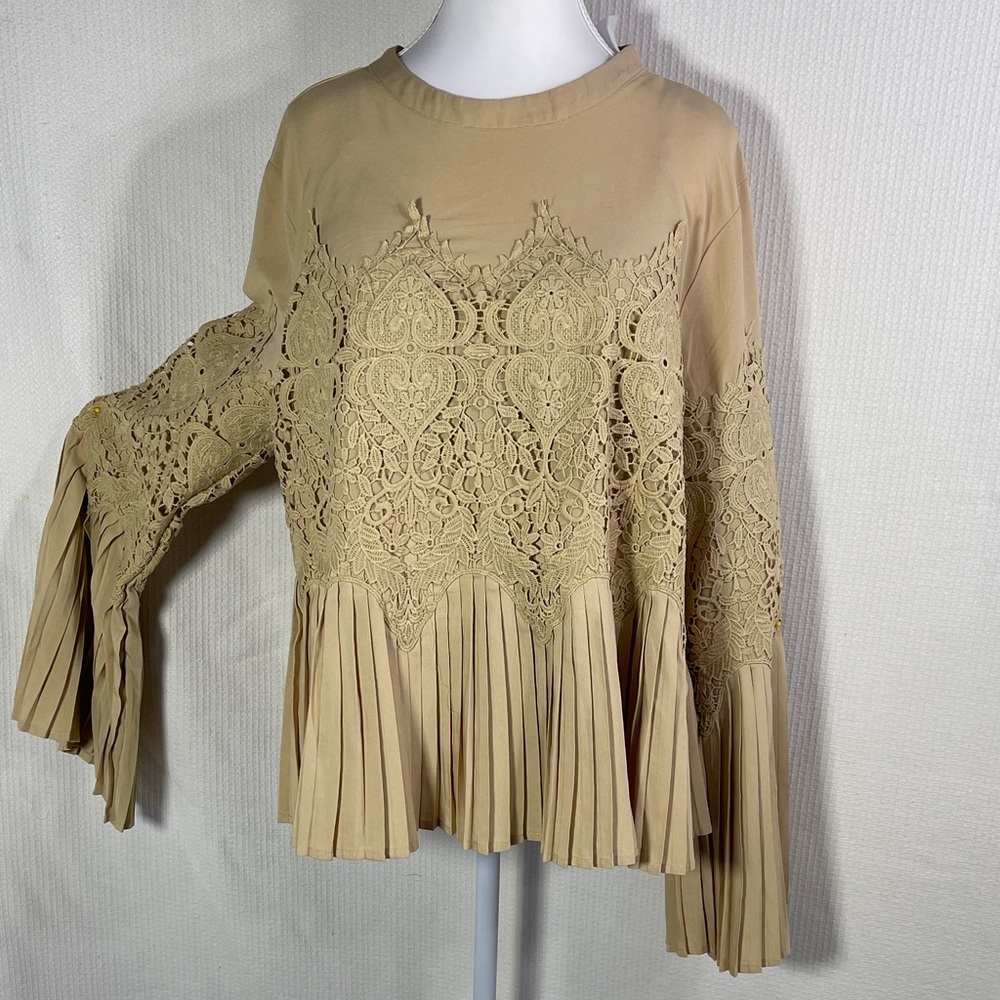 New No Tags - Elegant Beige Lace Pleated Women's Top